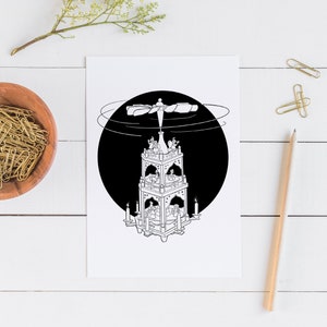 Christmas Pyramid Art Print, German Christmas Nativity Carousel Illustration, Minimalist Holiday Wall Décor, Weihnachtspyramide