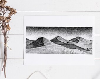 Desert Sand Dunes, Illustration Art Print, Camel Travel Sahara Bedouin Wasteland Wall Art, Room Décor – 8x10 / 5x7