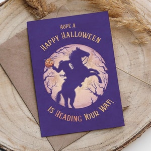 Jeździec bez głowy Zabawna karta na Halloween, Straszna legenda sezonu Sleepy Hollow, Zrównoważona ręcznie robiona kartka z pozdrowieniami