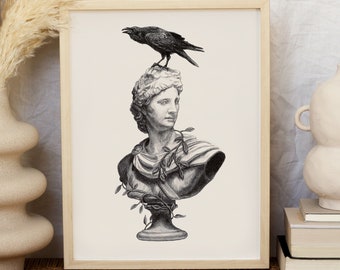 Impresión artística hecha a mano de la antigua mitología griega Apolo, decoración de pared de Dark Academia, decoración estética de la habitación, regalo para amantes de los libros, estatua de Apolo y el cuervo
