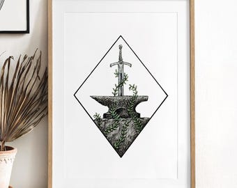 Sword in the Stone Art Print, Medieval Knight King Arthur Legend, Merlin Wizard Magic Fairytale Ink Illustration, Library Nursery Wall Décor