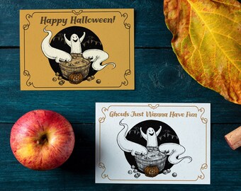 Happy Halloween Greeting Card, Cute Spooky Ghost Party, Ghouls Just Wanna Have Fun, Handmade Vintage Style, Bobbing for Apples Card, 5x7 A7