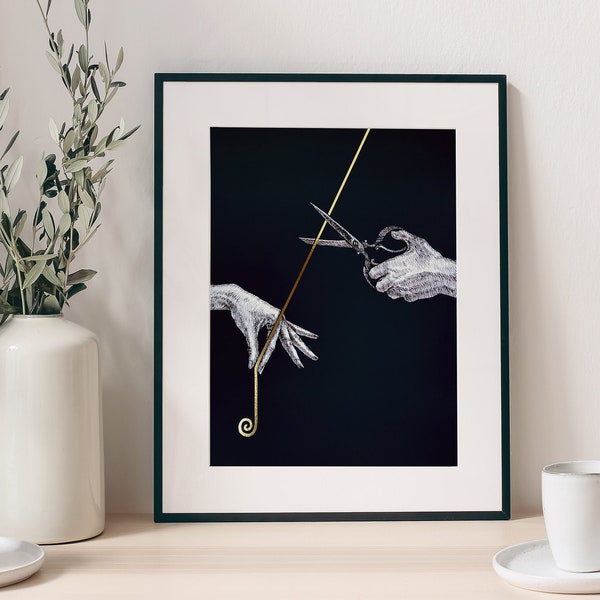 Thread of Life Ancient Greek Mythology Art Print, Gold Foil Embellished Accent, Dark Academia Décor, The Fates Scissors Hercules, Gothic Art