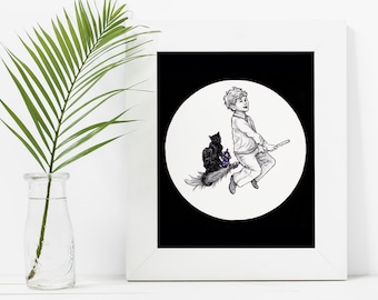 Pix Pax Pox Bedtime Story, Fairy Tale Ink Illustration Art Print, Witch Black Cat Magic Broomstick Wall Art, Room Décor – 8x10 / 5x7