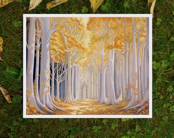 The Golden Wood Handmade Art Print, Enchanted Forest Landscape Painting with Elven Ring Queen, Woodland Nursery Décor, Fall Autumn Leaves