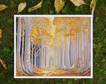 Impresión artística hecha a mano de madera dorada, pintura de paisaje de bosque encantado con reina de anillo elfo, decoración de guardería de bosque, hojas de otoño