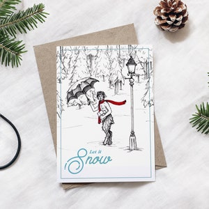 Cartão de Natal de Nárnia, Sr. Tumnus no poste de luz, Deixe nevar, Cartão de felicitações de férias na floresta de inverno, CS Lewis, O leão, a bruxa e o guarda-roupa