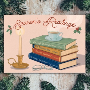 Cartão de Natal Bookish, leituras de temporada de férias, histórias clássicas de Natal, cartão de felicitações feito à mão de luxo, presente de amante de livro Librarycore