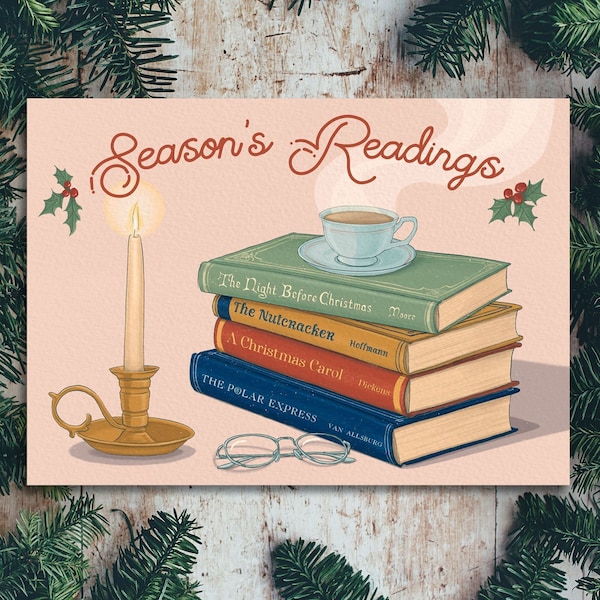 Biglietto di Natale libresco, letture delle festività natalizie, biglietto d'auguri di lusso fatto a mano con storie di Natale classiche, regalo per gli amanti dei libri Librarycore