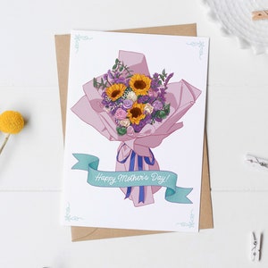 Tarjeta del Día de la Madre Feliz, Girasoles, Ramo de Flores para Mamá, Abuela, Lindas Rosas, Tarjeta del Día de la Madre, Flores dibujadas a mano, Tarjeta hecha a mano, En blanco