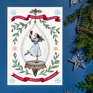 Cartão de Natal do balé quebra-nozes, bailarina Clara e quebra-nozes dançando em ornamento de vidro, cartões de férias de luxo feitos à mão, em branco por dentro