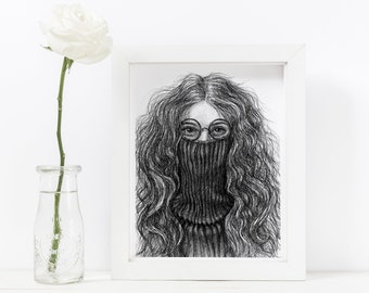 Shy Girl Hiding Behind Her Hair, Illustration Art Print, Turtle Neck Sweater Wall Art, Room Décor – 8x10 / 5x7