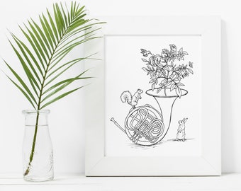 Music in Nature, Illustration Art Print, Cute Animal Woodland Creatures French Horn Wall Art, Room Décor, Nursery Child Bedroom – 8x10 / 5x7