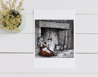 Cinderella Sleeping at Fireplace with Mice, Fairy Tale Ink Illustration Art Print, Princess Wall Art, Room Décor – 8x10 / 5x7