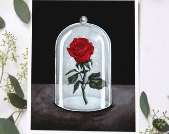 Impresión artística hecha a mano de La Bella y la Bestia: Rosa encantada, ilustración de cuento de hadas, arte de pared melancólico, regalo de decoración de Dark Academia