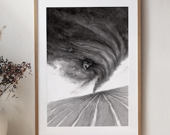 Mago de Oz Twister Impresión de arte hecha a mano, Kansas Tornado, Ilustración en blanco y negro de estilo vintage, Decoración de granja, Regalo de película de cultura pop