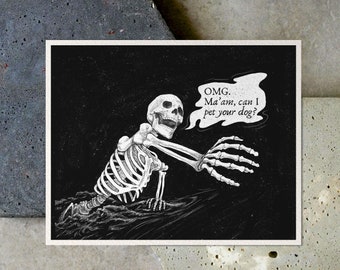 Impresión artística hecha a mano con un divertido esqueleto para amantes de los perros, ilustración en blanco y negro de la decoración oscura de Whimsigoth, arte de pared lindo de la temporada espeluznante