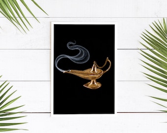 Aladdin Magic Lamp Gold, Genie, Arabian Nights, Fairy Tale Ink Illustration Art Print, Room Décor, Child Bedroom, Wall Art – 8x10 / 5x7