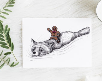 Gingerbread Man Riding on Fox’s Back, Fairy Tale Ink Illustration Art Print, Woodland Creature Wall Art, Room Décor, Child – 8x10 / 5x7