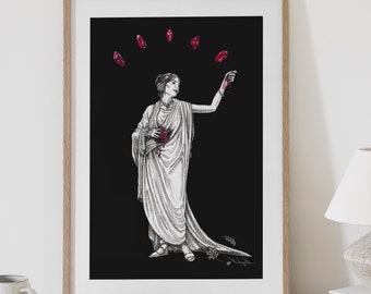 Perséfone Impresión de arte de la mitología griega antigua, Decoración de la pared de la Academia oscura, Regalo literario estético antiguo, Gemas de cristal granate, Diosa griega