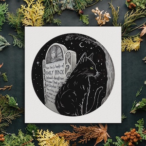 Thackery Binx Black Cat Halloween Decor, Whimsigoth Nostalgia, Witchy Salem Gravestone Memento Mori, Handmade Art Print