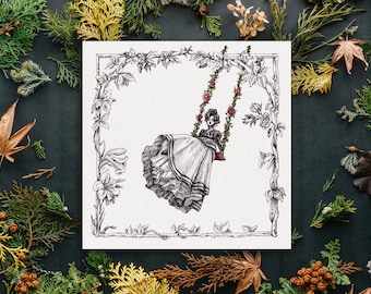 Lámina artística El jardín secreto, decoración de pared con estética cottagecore, mujer victoriana vintage en columpio, ilustración floral de jardín de hadas