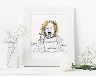 Goldilocks and the Three Bears, Fairy Tale Ink Illustration Art Print, Little Girl Porridge Bowls Cottage Wall Art, Room Décor – 8x10 / 5x7