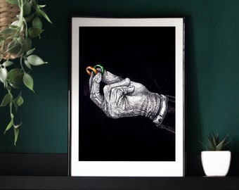 Lámina de El sobrino del mago, arte de Las Crónicas de Narnia de C.S. Lewis, decoración de pared de Dark Academia, anillos mágicos verdes y amarillos, arte fantástico literario
