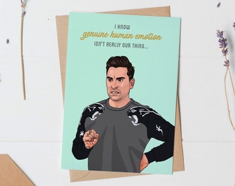 Tarjeta de felicitación de Schitt's Creek, Ew David Rose, divertida tarjeta de cumpleaños para cualquier ocasión, "Pensando en ti", ecológica, hecha a mano, interior en blanco.