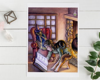 Magic Witchy Art Print, Boy and Black Cat Casting Spell on Witch, Fairy Tale Illustration, Pix Pax Pox Spell book, Wall Art - 8x10 / 5x7