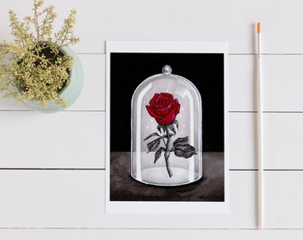 Beauty and the Beast Enchanted Rose, Fairy Tale Ink Illustration Art Print, Magic Flower Glass Terrarium, Room Décor, Wall Art – 8x10 / 5x7