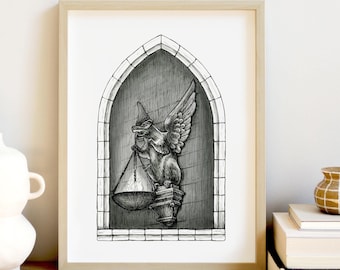 Impresión artística hecha a mano de Castle Gargoyle, decoración de pared de Dark Academia, regalo mágico medieval único, estatua de Badger House, arte de fantasía gótica de humor