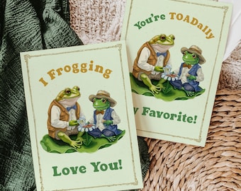 Tarjeta de San Valentín con rana y sapo, regalo de aniversario, amor entre mejores amigos, ilustración caprichosa hecha a mano, dos opciones de texto