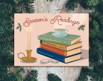 Bookish Christmas Card, Holiday Season’s Readings, Classic Christmas Stories Luxury Handmade Greeting Card, Librarycore Book Lover Gift