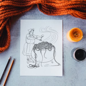 Halloween Retro Witch Cauldron Art Print, Magic & Pasta Witchy Décor, Fall Autumn Wall Art, Food Lover Gift, Strega Nona Italian Grandmother