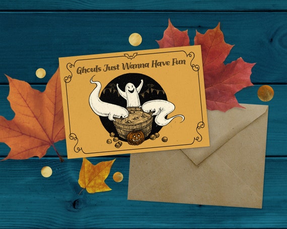 Happy Halloween Greeting Card, Cute Spooky Ghost Party, Ghouls Just Wanna Have Fun, Handmade Vintage Style, Bobbing for Apples Card, 5x7 A7