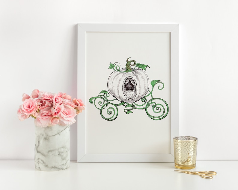 Cinderella Magic Pumpkin Carriage Nursery Child Bedroom \u2013 8x10 5x7 Fairy Tale Ink Illustration Art Print Room D\u00e9cor Princess Wall Art