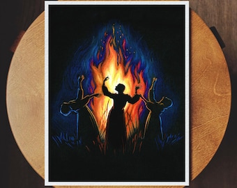Mujeres brujas bailando a la luz del fuego, decoración de pared de la Academia Oscura, silueta de estilo vintage, impresión de arte cambiante