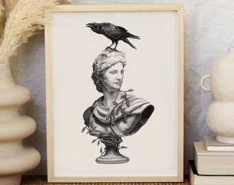 Apollo antike griechische Mythologie handgemachter Kunstdruck, Dark Academia Wanddekor, ästhetisches Raumdekor, Buch-Liebhaber-Geschenk, Apollo und Raben-Statue