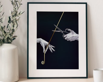 Thread of Life Ancient Greek Mythology Art Print, Gold Foil Embellished Accent, Dark Academia Décor, The Fates Scissors Hercules, Gothic Art