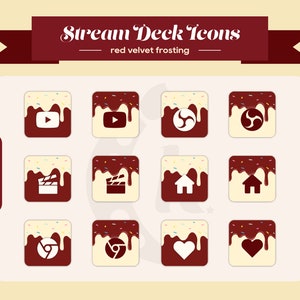 Puede incluir: Doce iconos cuadrados rojos y blancos con un diseño de glaseado de chocolate. Los iconos incluyen un botón de reproducción, una claqueta de cine, un icono de casa, un corazón y un icono de navegador. El texto "Stream Deck Icons" y "red velvet frosting" está en la parte superior de la imagen.