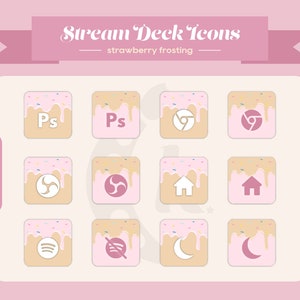 Puede incluir: Un conjunto de 12 iconos de Stream Deck con un tema de glaseado rosa y beige. Los iconos incluyen Photoshop, Chrome, un icono de inicio, un botón de silencio y un icono de luna.