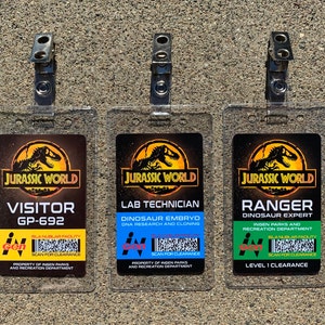 Jurassic World Set Prop ID Badge: Lab Technician - Visitor Pass - Park Ranger - Vehicle Mirror Tag - Hi-Definition Cards VIVID COLORS