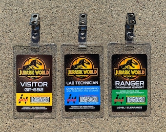 Jurassic World Set Prop ID Badge: Lab Technician - Visitor Pass - Park Ranger - Vehicle Mirror Tag - Hi-Definition Cards VIVID COLORS