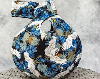 Japanese Style Knot Bag - Japanese Red-Crowned Crane Pattern adorned with delicate Blue & Gold Flowers - Beautiful Gift