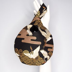 Japanese Knot Bag - Black & Gold Japanese Red Capped Cranes - Luxury Gifts For Her - Unique Bag