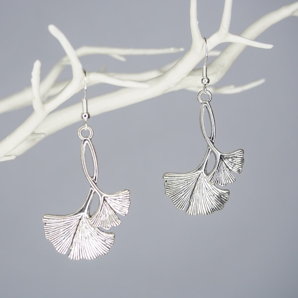 Ginkgo Earrings - Silver Coloured - Nature Inspired Earrings - Vallentines Gift - Ginkgo Jewellery - Gifts For Her