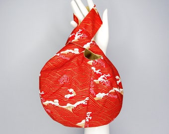 Small Japanese Knot Bag - Red & Gold Japanese Wave Patterned - Handcrafted- Beautiful Gift - Gifts For Her