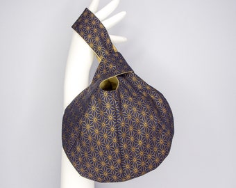 Japanese Knot Bag - Gold & Indigo Asanoha Patterned - Luxury Gifts For Her - Gifts For Her