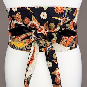 Reversible Japanese Obi Belt: Red Crane & Gold Floral, Red Duchess Satin